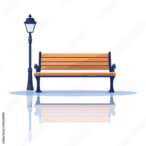 Wooden park bench and street lamp reflection on white background