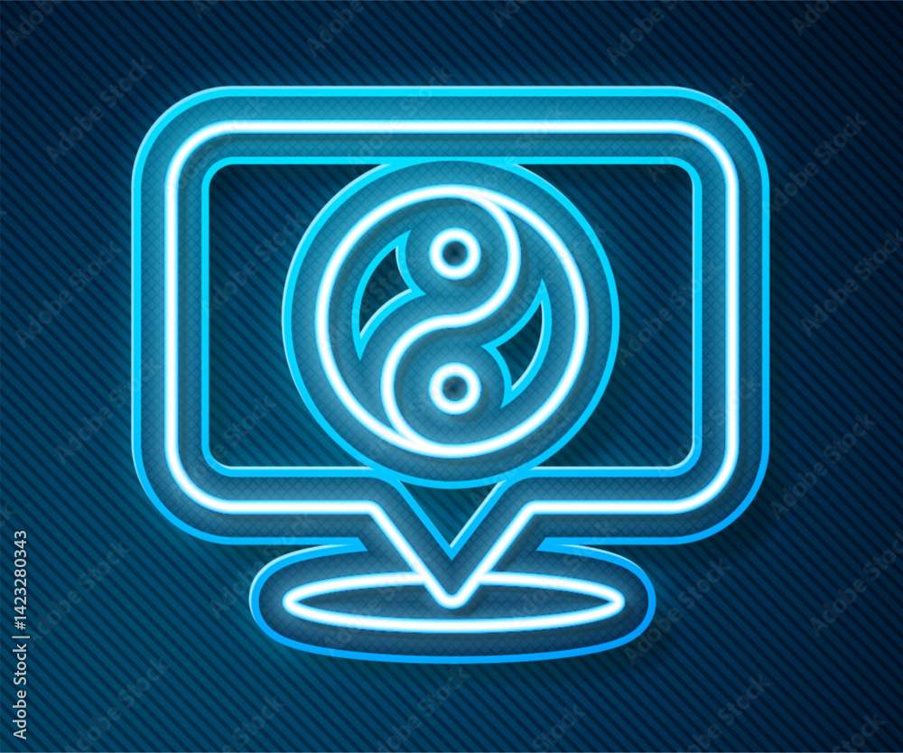 Obraz premium Glowing neon line Yin Yang symbol of harmony and balance icon isolated on blue background. Vector