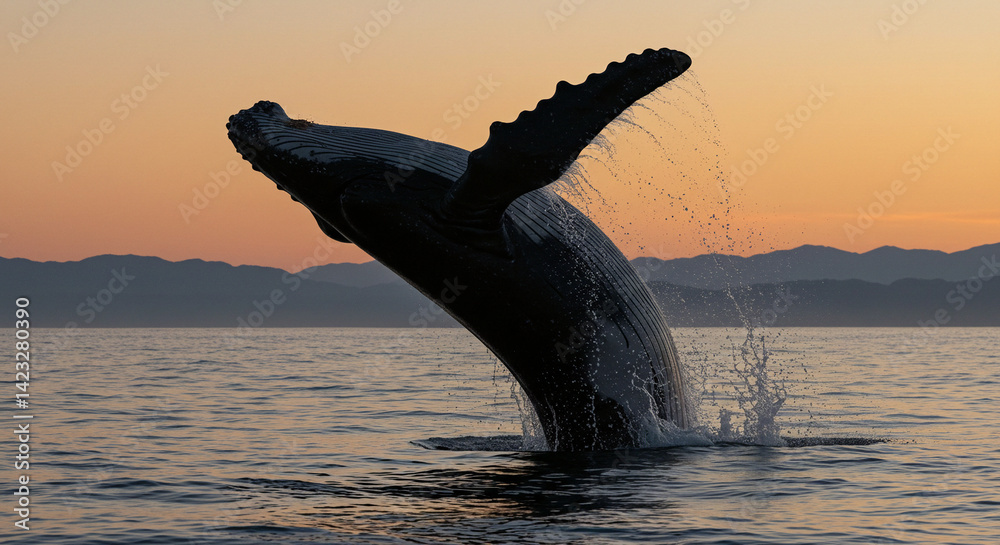 Fototapeta premium Whale Breaching at Sunset Splashing in Ocean Waters