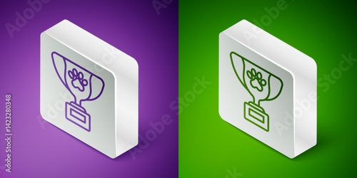 Isometric line Pet award symbol icon isolated on purple and green background. Medal with dog footprint as pets exhibition winner concept. Silver square button. Vector
