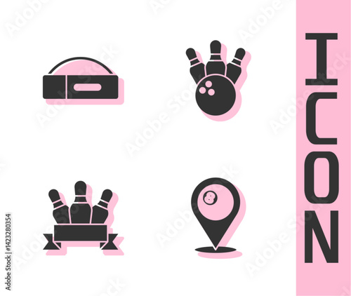 Set Location with billiard ball, Case for cue, Bowling pin and and icon. Vector