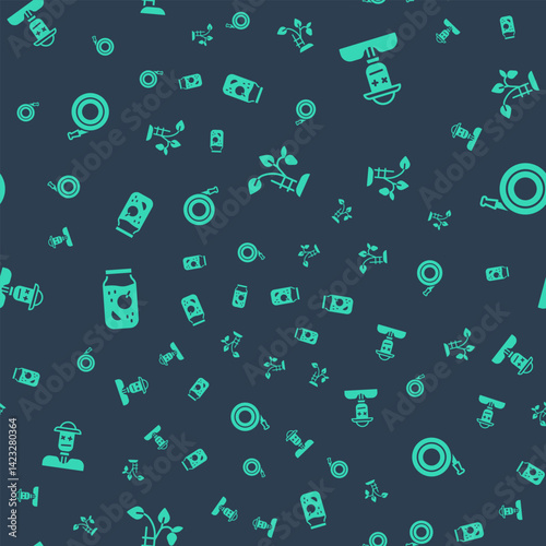Set Strawberry bush, Scarecrow, Jam jar and Garden hose on seamless pattern. Vector