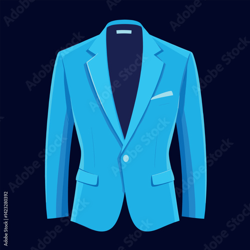 Stylish blue suit jacket with lapels and pockets on dark background