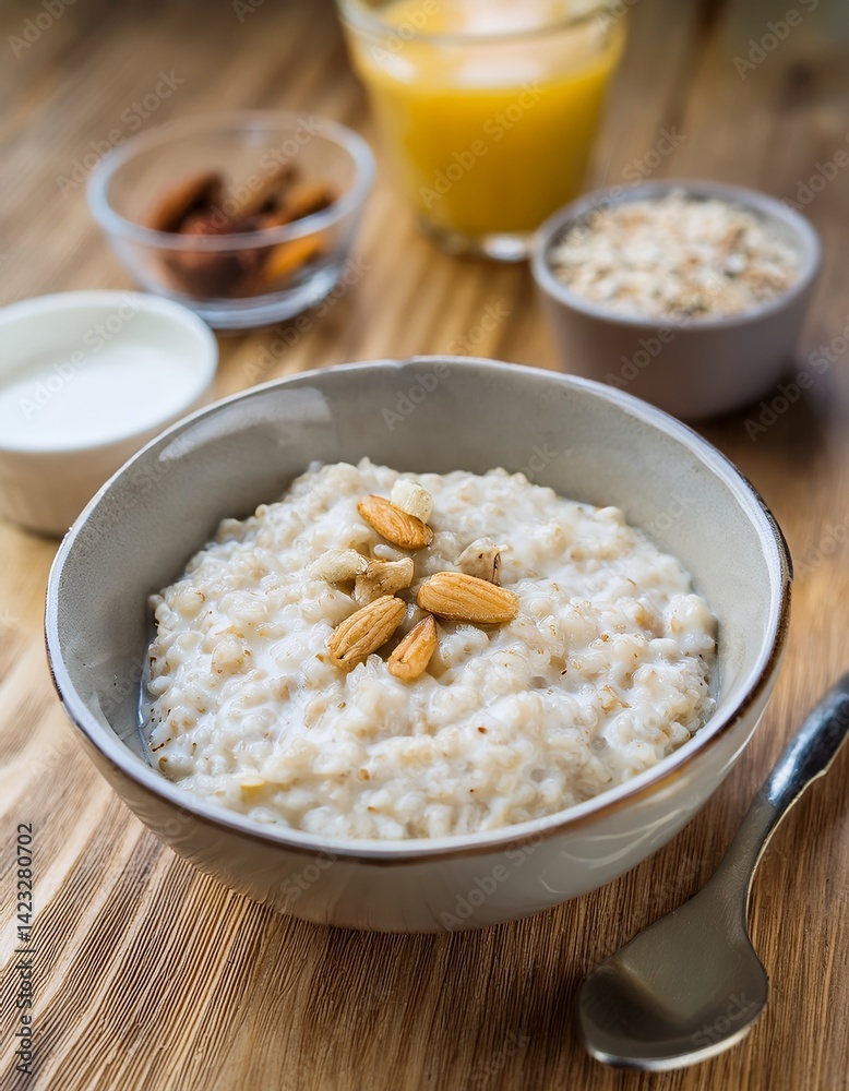 Delicious porridge with fruits and nuts on a wooden table Delicious porridge with fruits and nuts on a wooden table