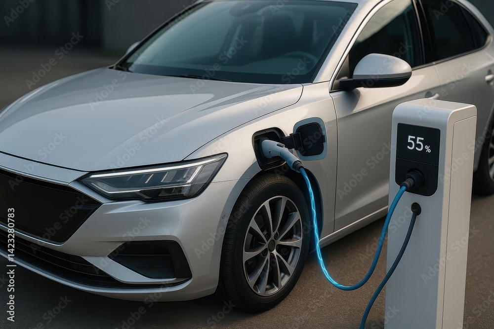 Fototapeta premium Silver Electric Vehicle Charging at a Modern Station