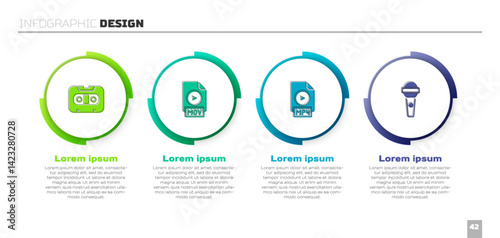 Set Retro audio cassette tape, MOV file document, MP4 and Microphone. Business infographic template. Vector