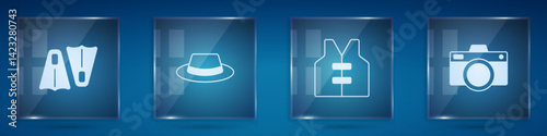 Set Rubber flippers for swimming, Man hat with ribbon, Life jacket and Photo camera. Square glass panels. Vector