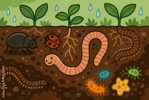 Obraz na płótnie Vibrant Illustration of Soil Life Worms, Insects, and Microbes Beneath Growing Plants w salonie