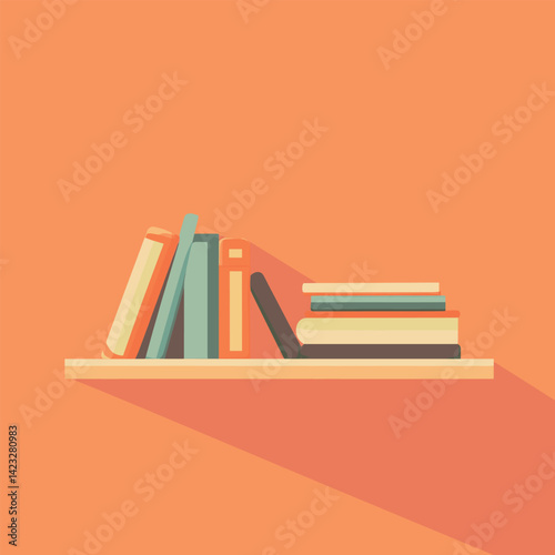 Minimalist bookshelf with colorful books on orange background
