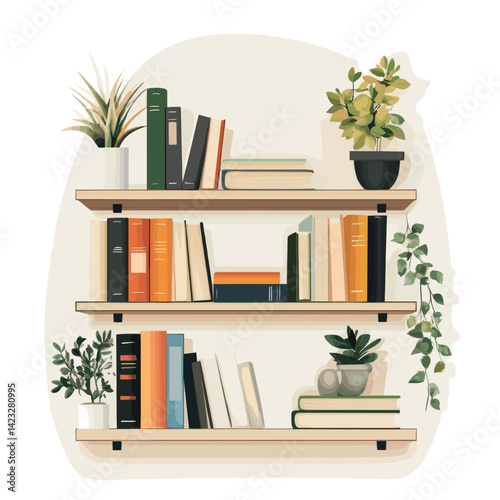 Cozy bookshelf with potted plants and an assortment of colorful books