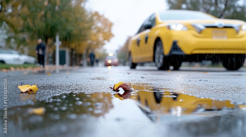 Fototapeta premium Rainy street with yellow leaves