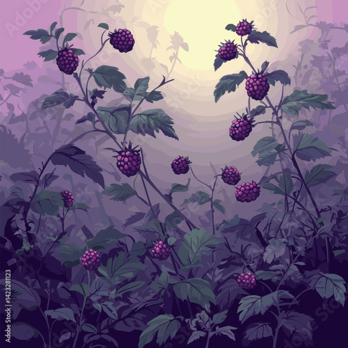 Lush blackberry bushes in misty sunrise garden