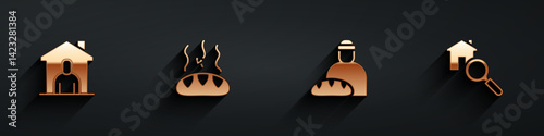Set Shelter for homeless, Donation food, Feeding the and Search house icon with long shadow. Vector