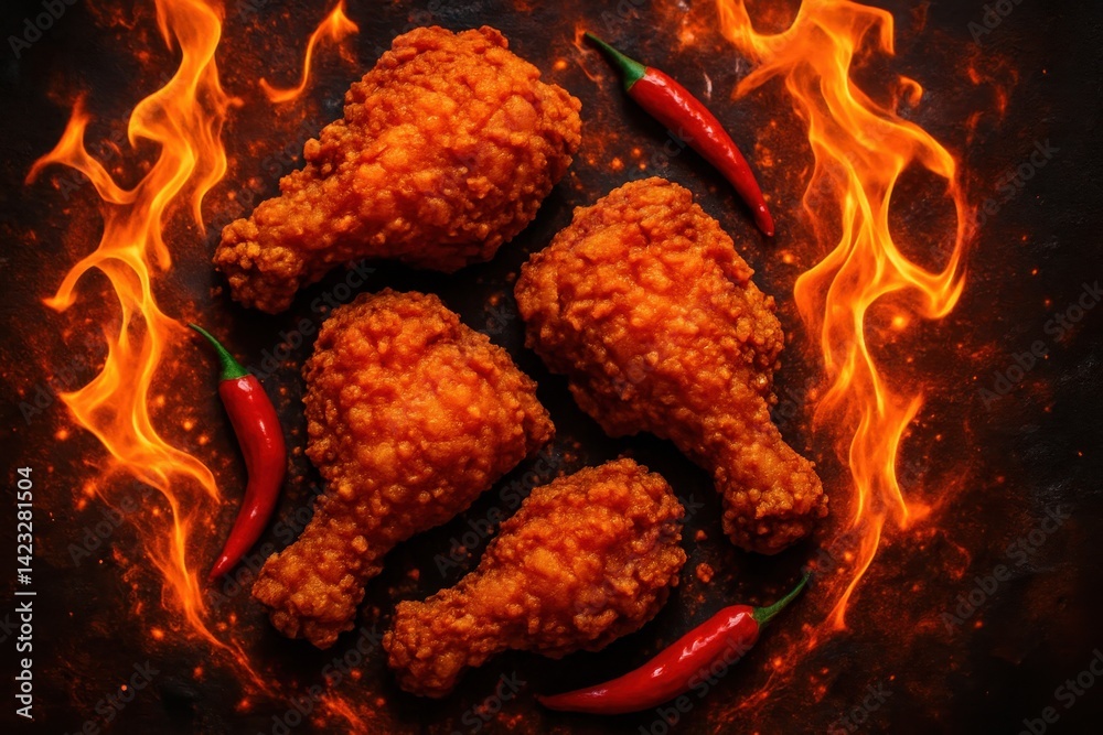 Crispy Fried Chicken Legs with Chili Peppers and Flames
