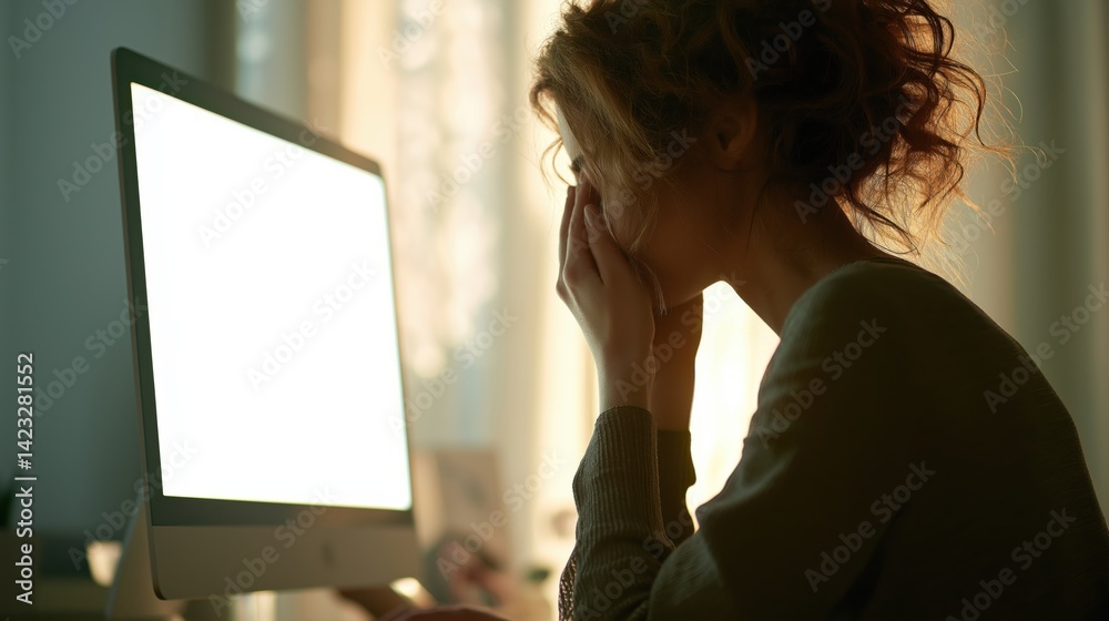 Woman working late at night in home office, feeling stressed and overwhelmed by tasks on computer screen.