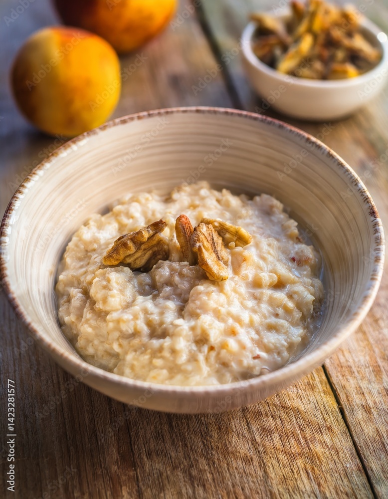 Delicious porridge with fruits and nuts on a wooden table Delicious porridge with fruits and nuts on a wooden table