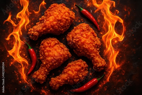 Obraz na płótnie Crispy Fried Chicken Legs with Chili Peppers and Flames w salonie