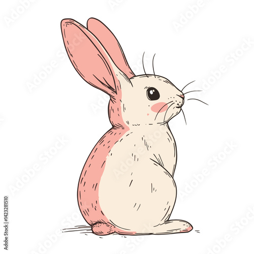 Cute cartoon rabbit illustration with pink ears and whiskers on white background