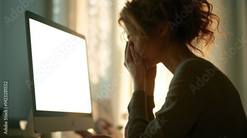 Woman working late at night in home office, feeling stressed and overwhelmed by tasks on computer screen.