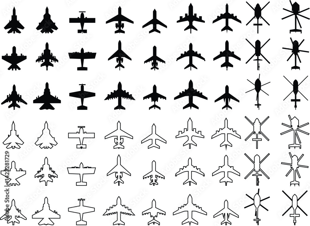 Naklejka premium Airplane mood icon set aerodrome plane air vector aviation silhouette outline flight sign. Aviation pictogram. Aircraft concept isolated. different style vector image clip art transparent background