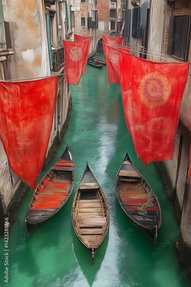 Venetian Canal Gondolas, Flags, Narrow Streets