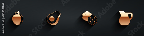 Set Plum fruit, Avocado, Cracker biscuit and Jug glass with milk icon with long shadow. Vector