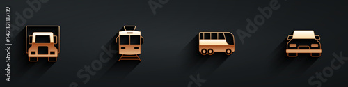 Set Delivery cargo truck, Tram and railway, Bus and Car icon with long shadow. Vector