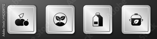 Set Apple, Sprout, Paper package for milk and Vegan food diet icon. Silver square button. Vector