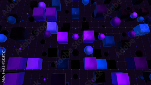 3D render abstract dark cubes and spheres on grid.
