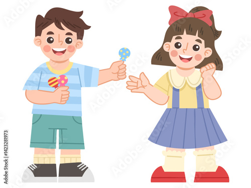 Illustration of a boy sharing candy with a little girl