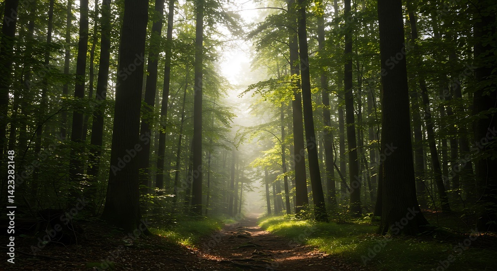 Fototapeta premium Forest Path with Sunlight Through Tall Trees