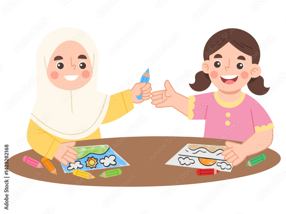 Illustration of a girl sharing coloring with a friend Illustration of a girl sharing coloring with a friend
