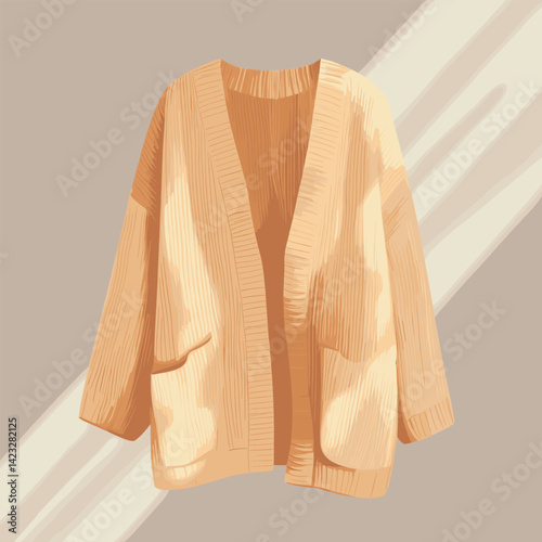 Soft beige cardigan with pockets in sunlight on neutral background