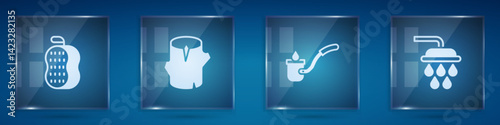 Set Washcloth, Wooden log, Sauna ladle and Shower. Square glass panels. Vector