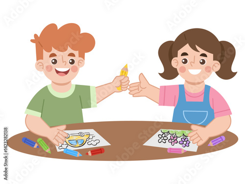 Illustration of a boy sharing colored pencils with a girl friend
