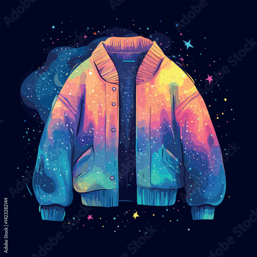 Vivid cosmic jacket with starry galaxy design on black background