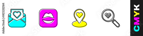 Set Envelope with Valentine heart, Smiling lips, Location and Search and love icon. Vector