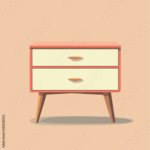 Mid-century modern wooden nightstand with drawers on beige background