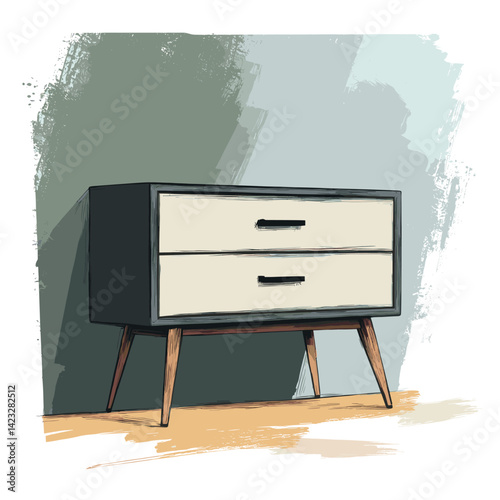 Mid-century modern two-drawer wooden dresser with angled legs