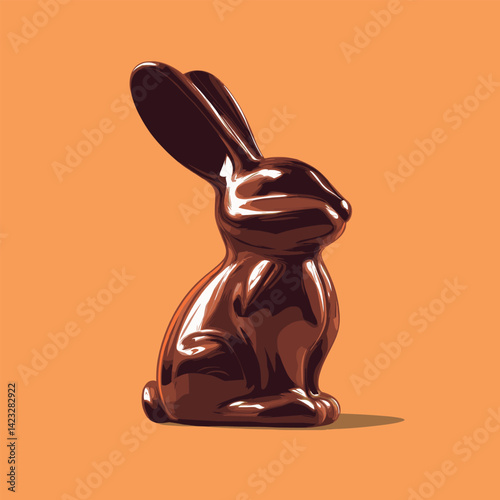 Shiny chocolate bunny on orange background