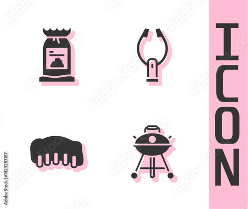 Set Barbecue grill, coal bag, Grilled pork bbq ribs and Meat tongs icon. Vector