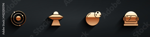 Set Solar system, UFO flying spaceship, Planet and Astronaut helmet icon with long shadow. Vector