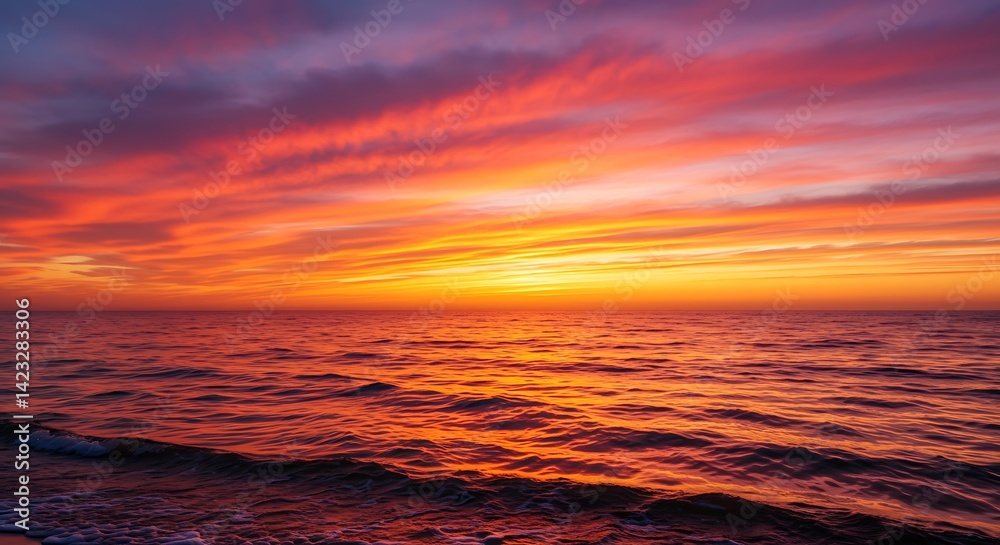 Obraz premium Fiery Sunset Over the Ocean with Vibrant Clouds