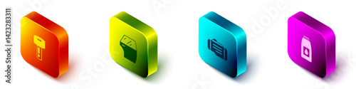 Set Isometric Car key with remote, door, Check engine and Canister for motor machine oil icon. Vector