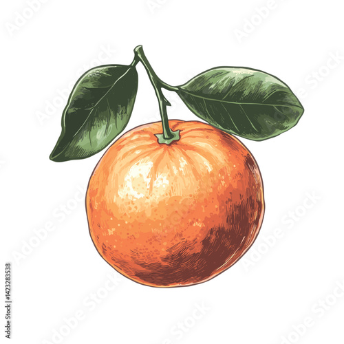 Detailed illustration of a ripe orange with lush green leaves on white background