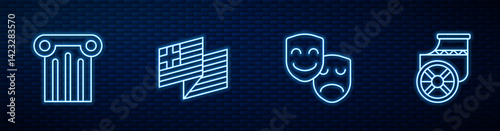 Set line Comedy and tragedy masks, Ancient column, Greece national flag and chariot. Glowing neon icon on brick wall. Vector