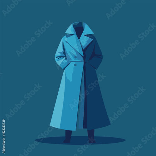 Blue trench coat illustration with hands in pockets on dark background