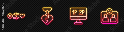 Set line Computer monitor screen, Romantic relationship, Necklace with heart shaped and Friends forever. Glowing neon icon. Vector