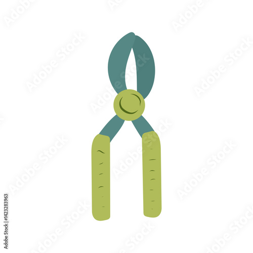 Vector isolated illustration with flat metal garden pruning shears, steel blades, green handles. Cutters are equipment for caring for plants, flowers. Stylish tool for cutting leaves. White background