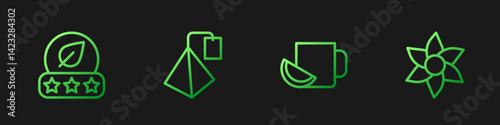 Set line Cup of tea with lemon, Tea leaf, bag and Flower. Gradient color icons. Vector